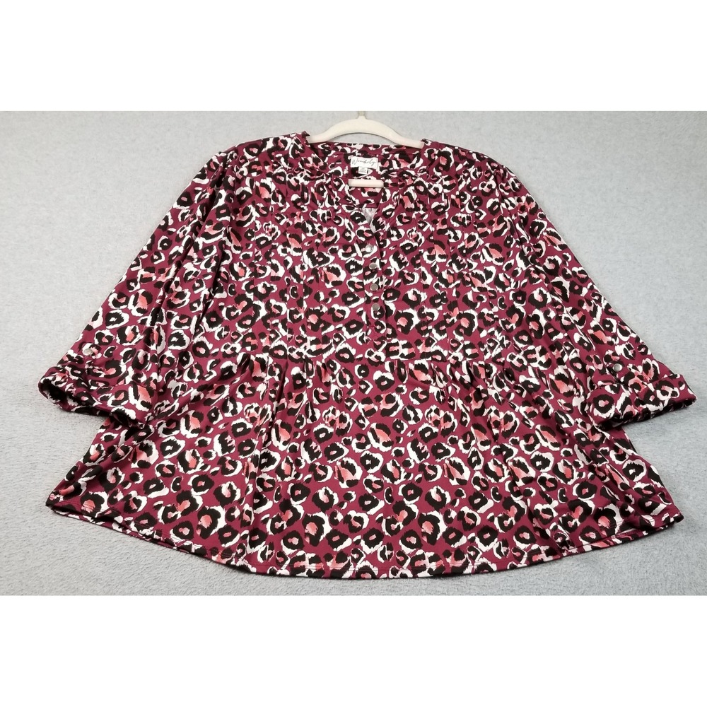Wonderly Top Women's 2X Plus Leopard Animal Print 3/4 Sleeve Blouse Stretch Bold